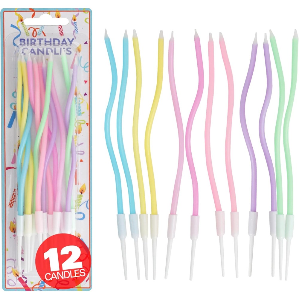 Candle Supply - レインボースパイラルバースデーケーキキャンドル12個セット（ホルダー付き）パステルツイストパーティーデコレーション用品（ベーキング用）