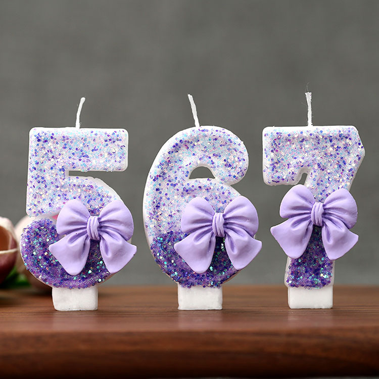 Candle Supplies Free Shipping - クリエイティブグリッター段階的な紫のリボン0-9数字バースデーキャンドル - 手作りスパンコールケーキパーティーデコレーション用品